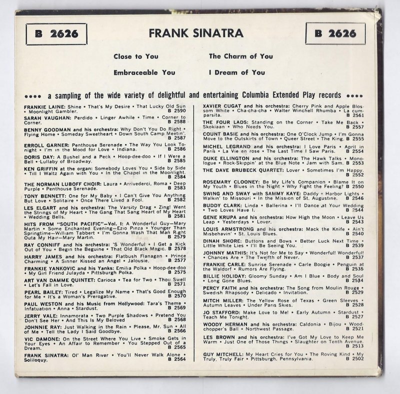 Image 1 of 1958 Frank Sinatra Columbia Hall Of Fame Series B 2626 45 RPM Record VG/VG Rare