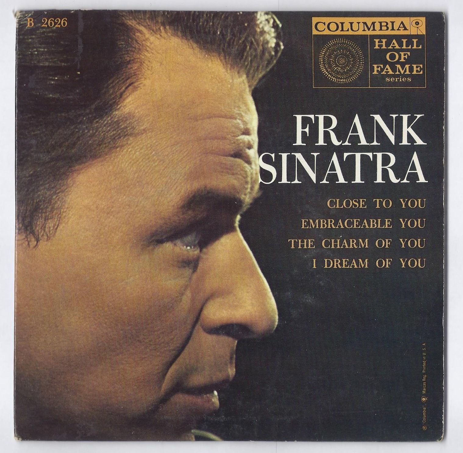Front picture sleeve of the Frank Sinatra Columbia Hall of Fame Series B 2626 45 RPM EP record featuring a profile portrait