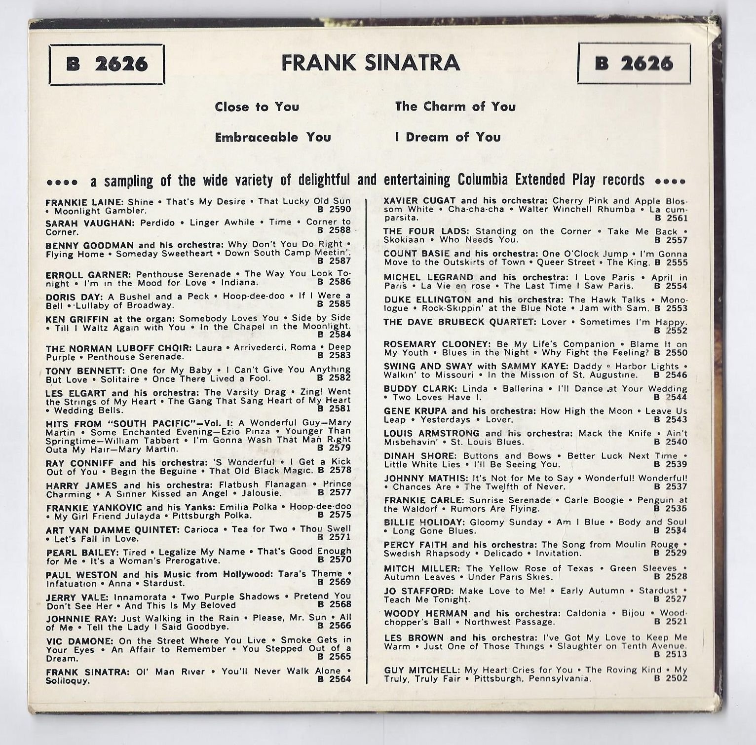 Back sleeve of the Frank Sinatra Columbia Hall of Fame Series B 2626 45 RPM record displaying a printed catalog list of Columbia EPs