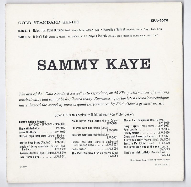 Image 1 of Sammy Kaye Gold Standard Series RCA Victor 45EP EPA 5076 VG/VG Rare