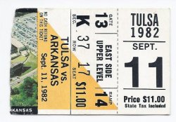 1982 NCAA College Football Ticket Stub Tulsa @ Arkansas September 11th 1982 9 11