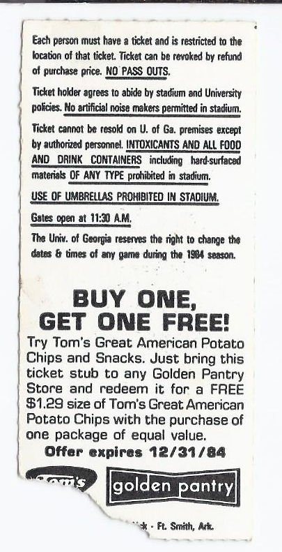 Image 1 of 1984 NCAA College Football Ticket Stub Southern Miss @ Georgia September 8th