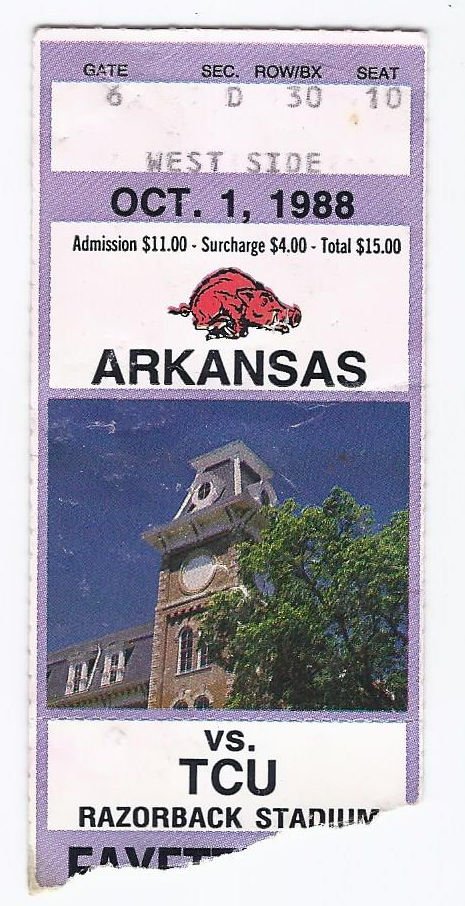 Image 0 of 1988 NCAA College Football Ticket Stub TCU @ Arkansas October 1st 1988 10 1 88