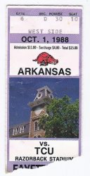 1988 NCAA College Football Ticket Stub TCU @ Arkansas October 1st 1988 10 1 88