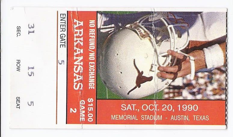 Image 0 of 1990 NCAA College Football Ticket Stub Arkansas @ Texas October 20th 1990 10 20 