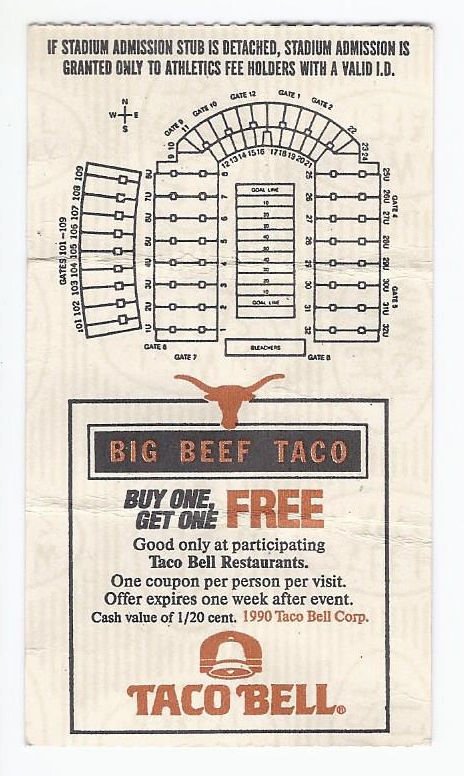 Image 1 of 1990 NCAA College Football Ticket Stub Arkansas @ Texas October 20th 1990 10 20 