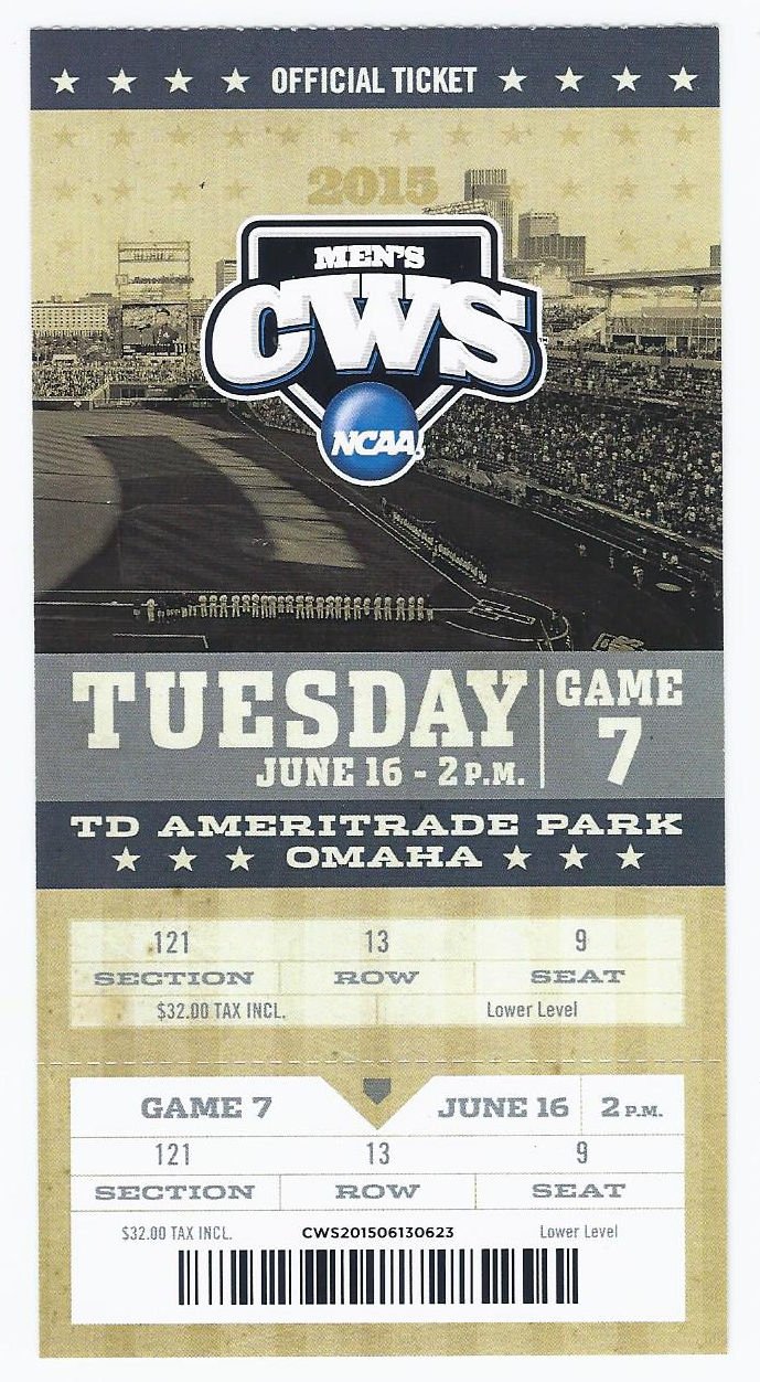 2015 College World Series Full Unused Ticket Game 7 LSU Cal State