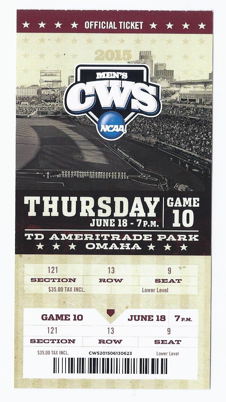 2015 College World Series Full Unused Ticket Game 10 TCU LSU CWS Omaha