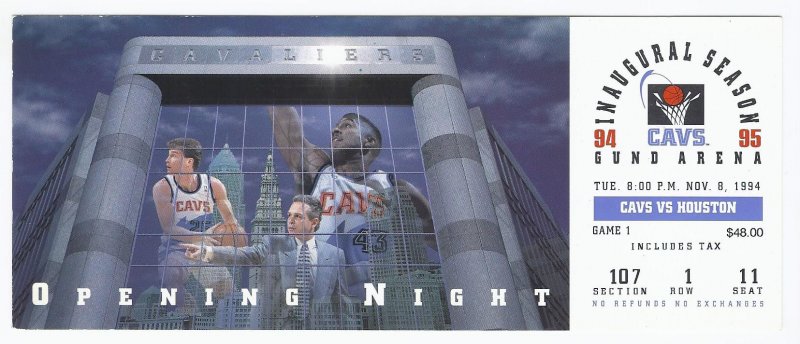 Image 0 of 1994 Inaugural Game at Gund Arena Ticket Stub November 8th 11 8 94 Vs Rockets 