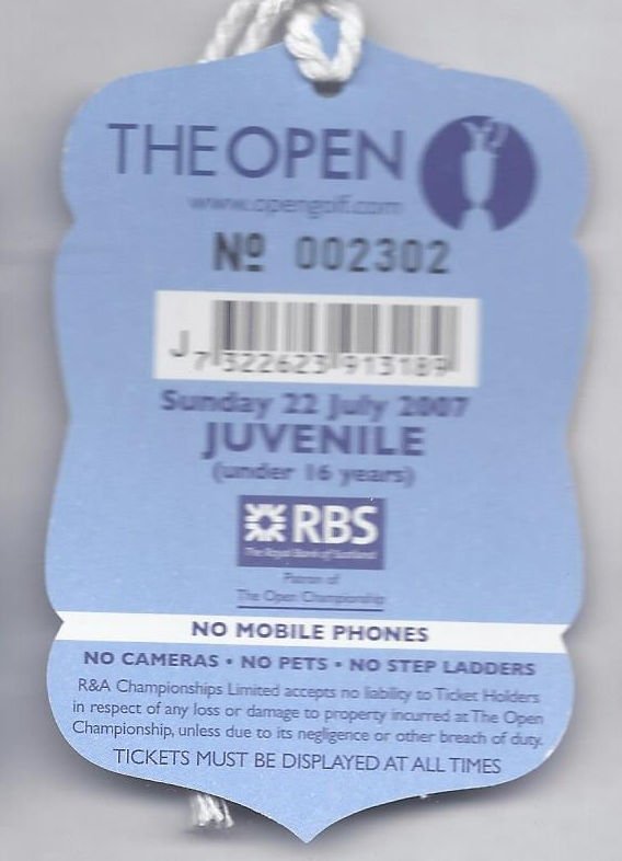 Image 1 of 2007 British Open Ticket Sunday July 22nd 4th Tournament round Pdraig Harringto