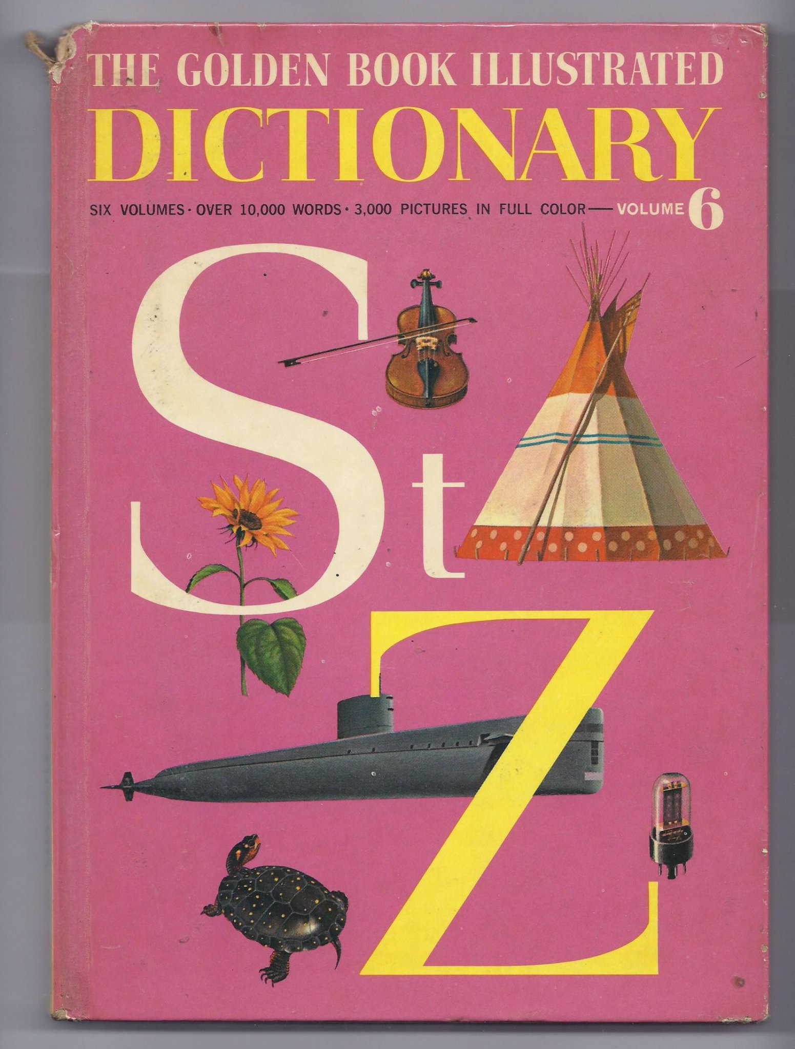 Front cover of 1961 The Golden Book Illustrated Dictionary Volume 6 featuring large letters S and Z over a blue background with educational drawings