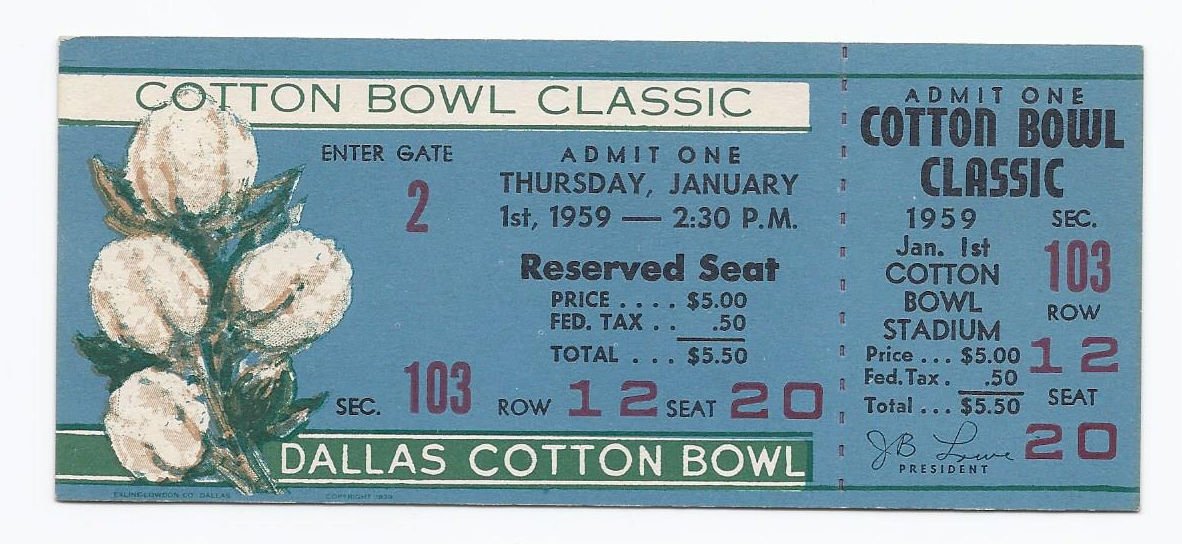 Front of a full unused 1959 Cotton Bowl Classic ticket from Jan 1, 1959, showing section 103 seating details and a cotton boll illustration