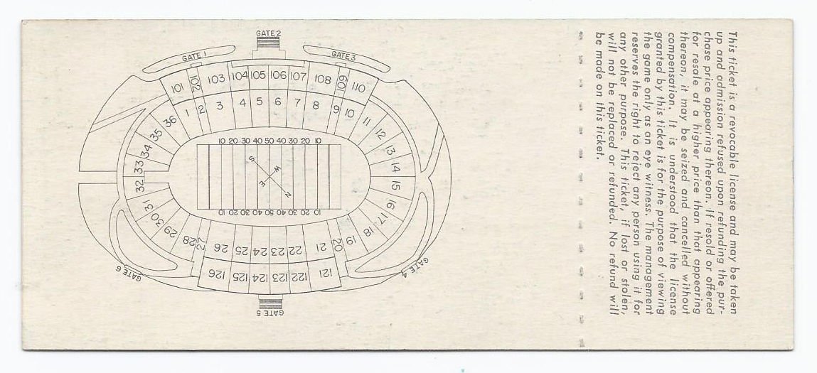 Back of the unused 1959 Cotton Bowl ticket showing a printed schematic diagram map of the Dallas Cotton Bowl stadium seating and gates