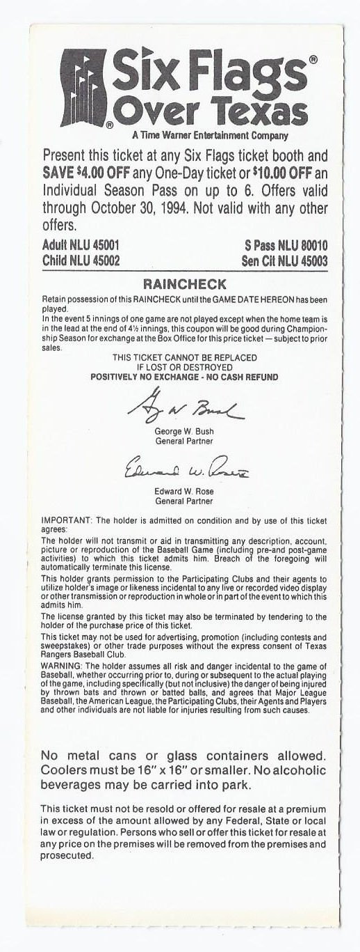 Image 1 of 1994 Texas Rangers Opening Day Ticket Stub Inaugural Game At The Ballpark In Arl