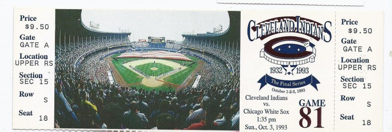 Image 0 of 1993 Cleveland Indians Final Last Game at Cleveland Stadium Full Unused Ticket