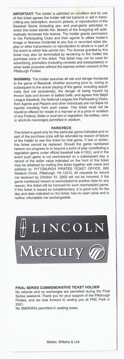 Image 1 of 2000 Pittsburgh Pirates Final Game at Three River Staidum Full Unused tickets Oc