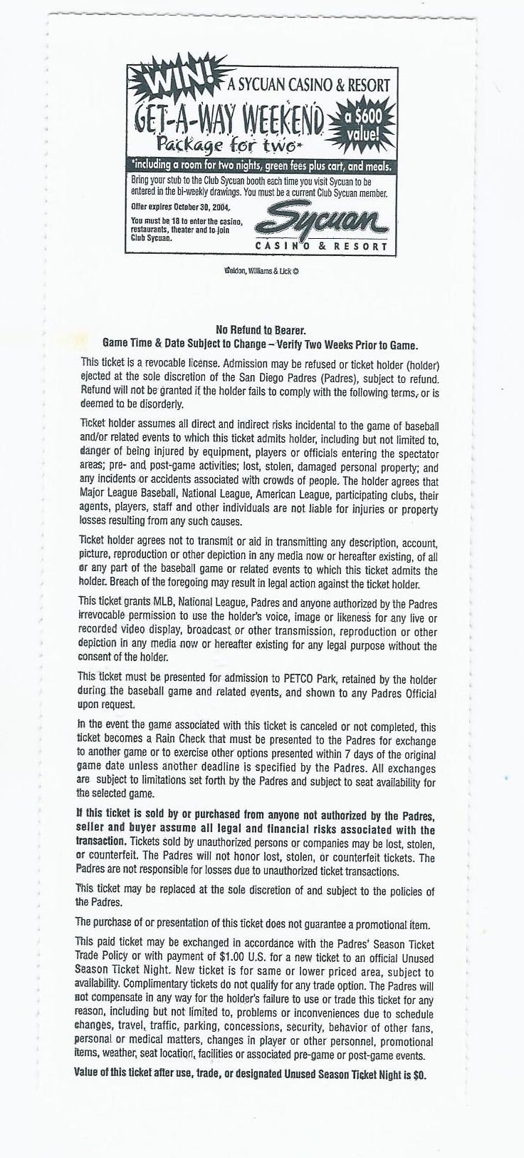 Image 1 of 2004 San Diego Padres First Ever Game At Petco Park Full Unused Season Ticket