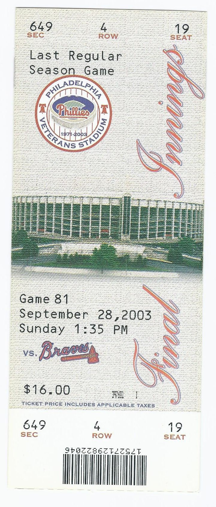 Image 0 of 2003 Phillies Final Last Game at Veterans Stadium Full Unused Season Ticket