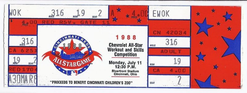 Image 0 of 1988 MLB baseball All Star Game Workout Day Home Run Derby Full Unused Ticket Ci