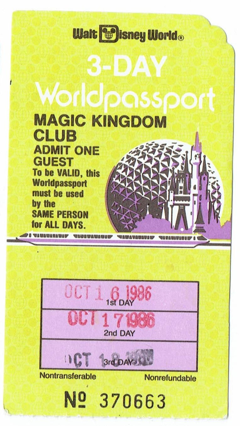 Image 0 of 1986 MKC Magic Kingdom Club Walt Disney World 3 day worldpassport Used Ticket