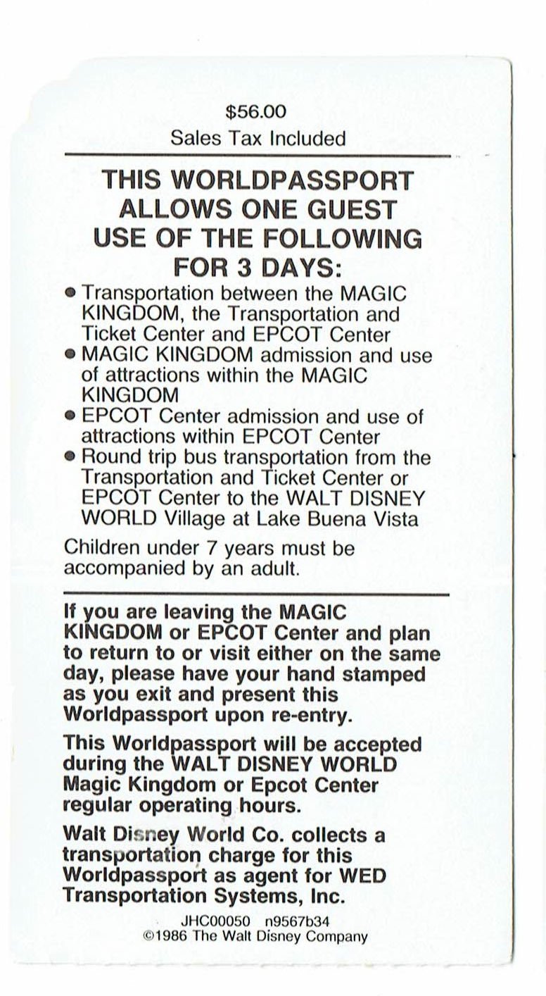 Image 1 of 1986 MKC Magic Kingdom Club Walt Disney World 3 day worldpassport Used Ticket