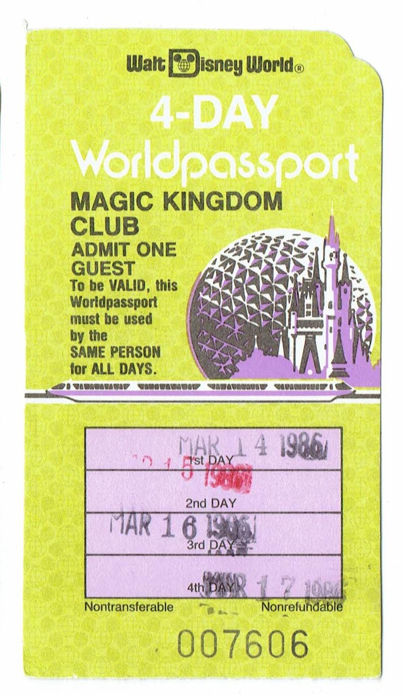 Image 0 of 1986 MKC Magic Kingdom Club Walt Disney World 4 day worldpassport Used Ticket