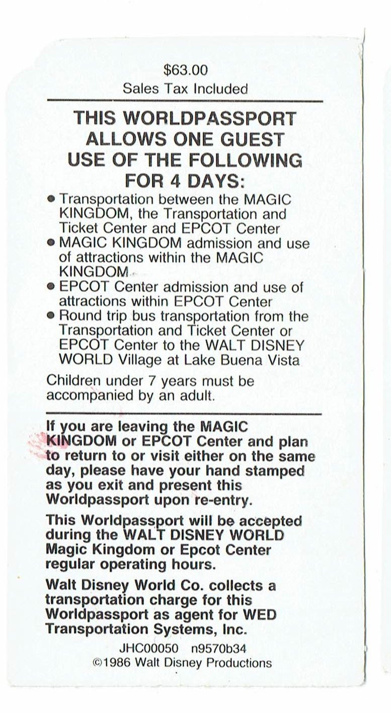 Image 1 of 1986 MKC Magic Kingdom Club Walt Disney World 4 day worldpassport Used Ticket