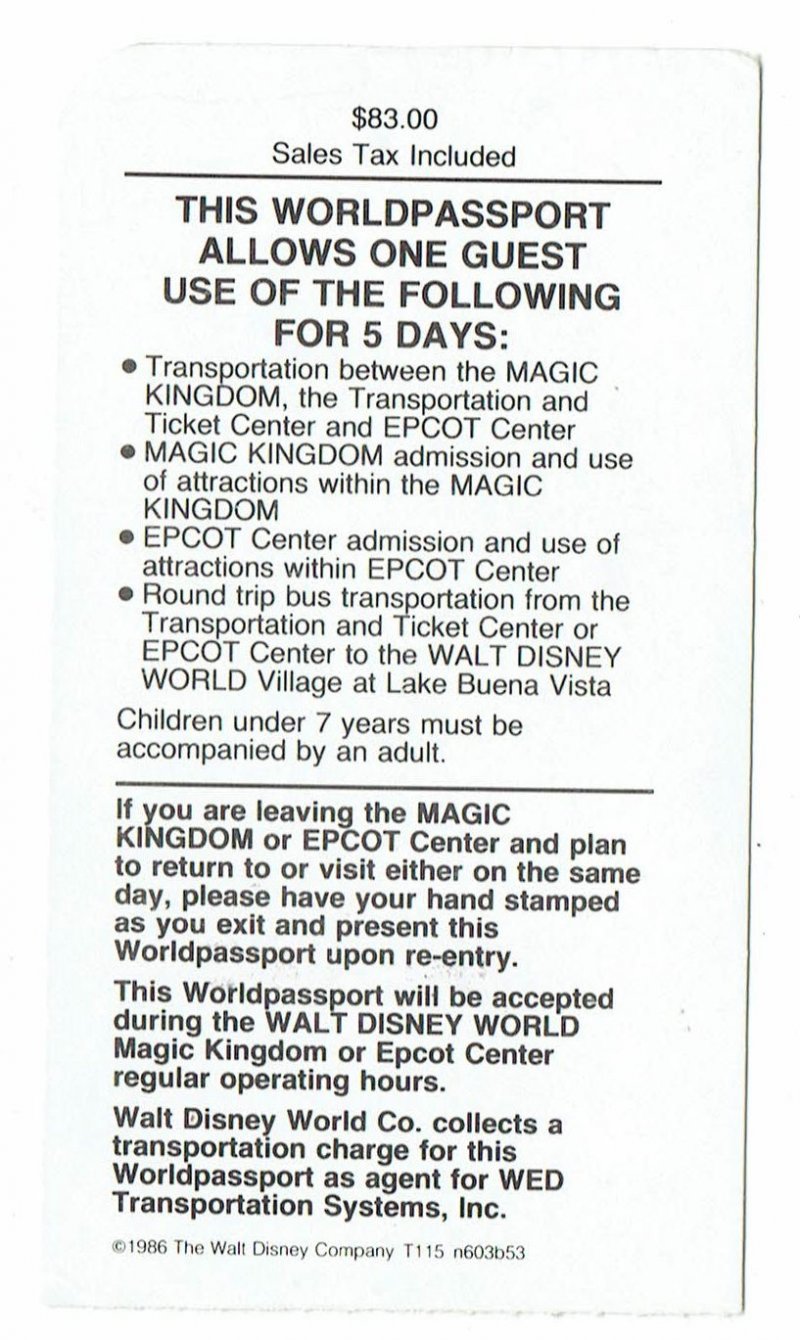 Image 1 of 1987 MKC Magic Kingdom Club Walt Disney World 5 day worldpassport Used Ticket
