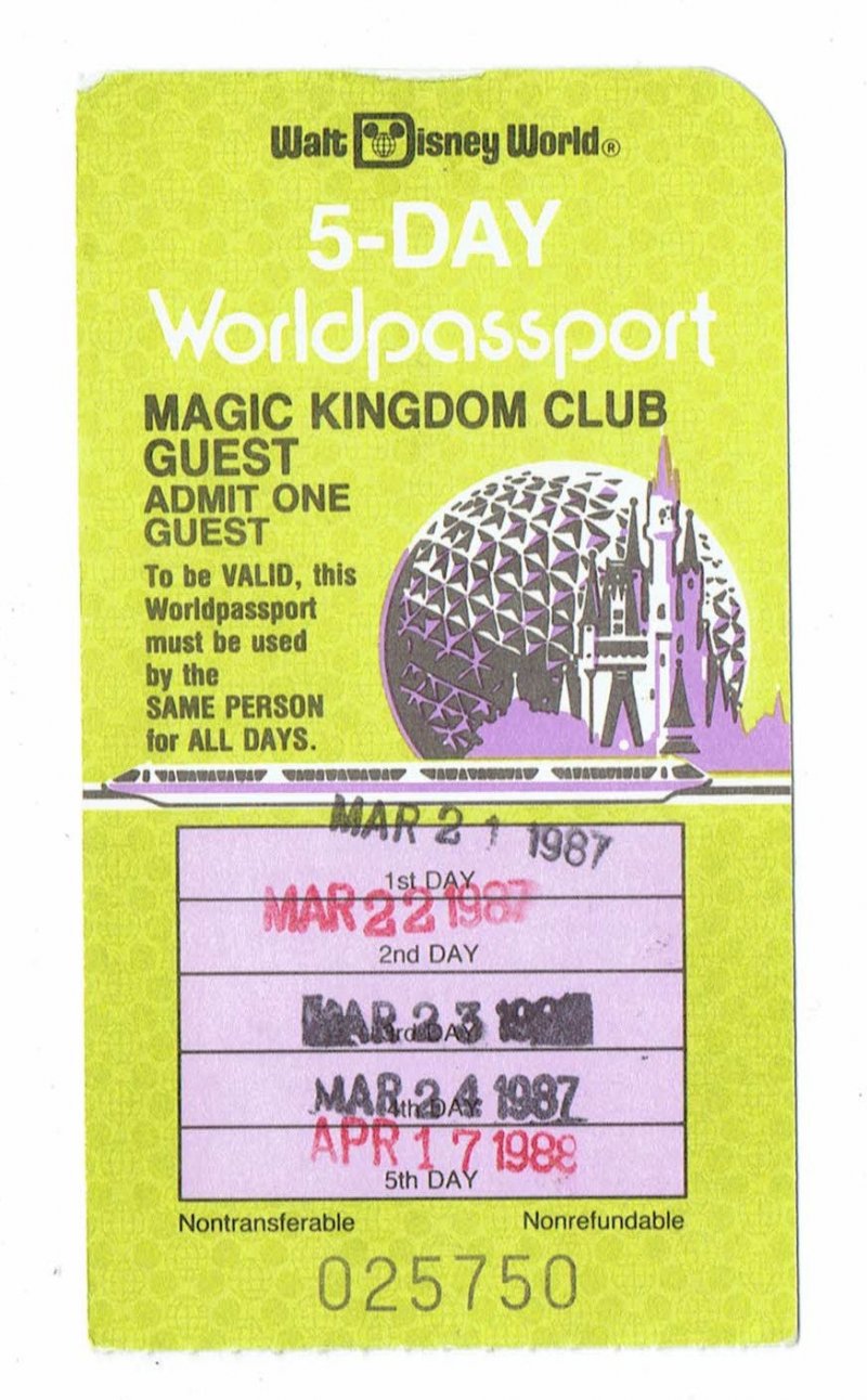 Image 0 of 1987 MKC Magic Kingdom Club Walt Disney World 5 day worldpassport Used Ticket