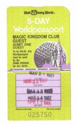 1987 MKC Magic Kingdom Club Walt Disney World 5 day worldpassport Used Ticket