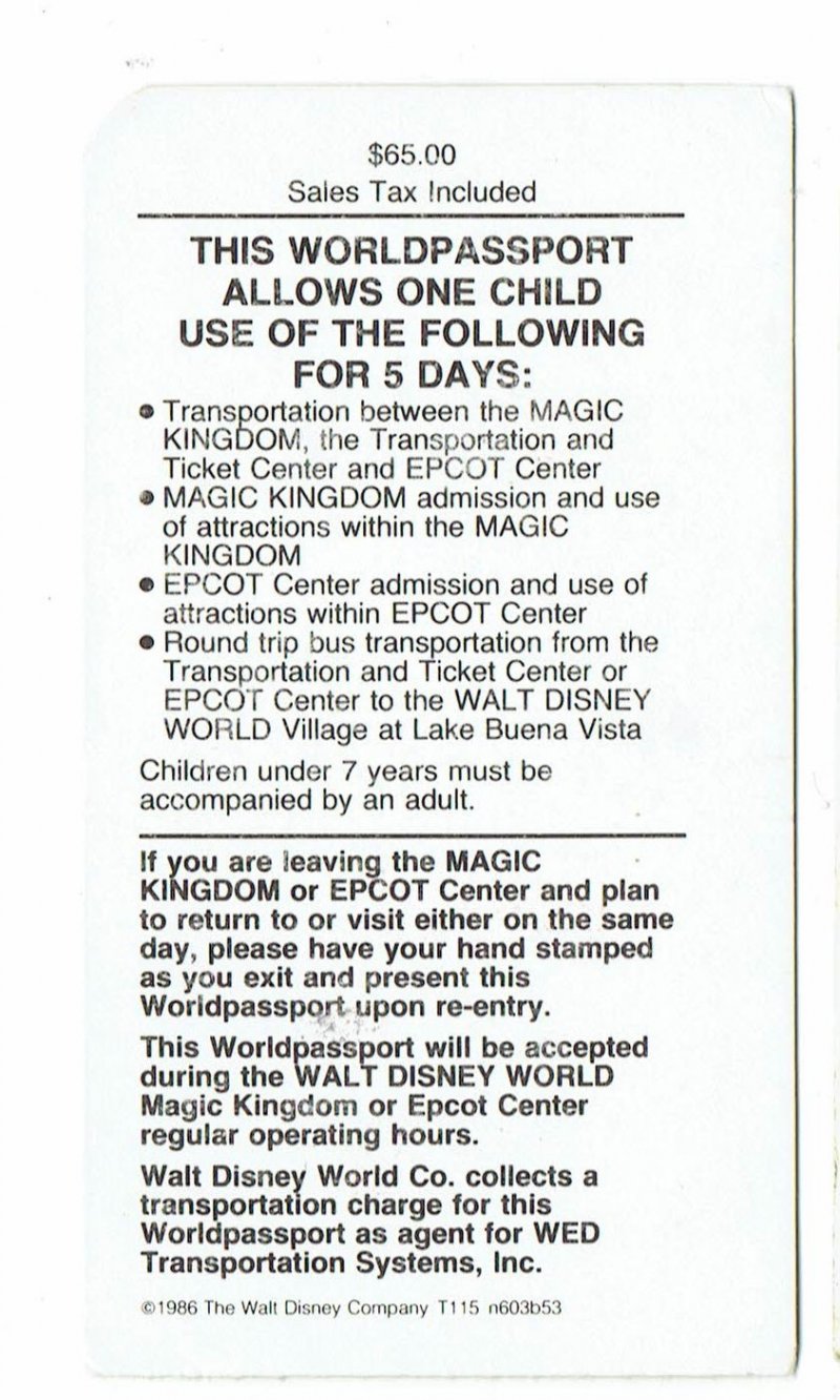 Image 1 of 1987 MKC Magic Kingdom Club Walt Disney World 5 day worldpassport Used Ticket