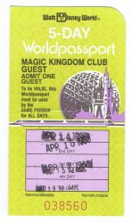 1988 MKC Magic Kingdom Club Walt Disney World 5 day worldpassport Used Ticket
