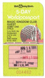 1988 MKC Magic Kingdom Club Walt Disney World 5 day worldpassport Used Ticket