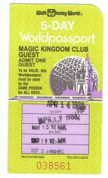 1992 MKC Magic Kingdom Club Walt Disney World 5 day worldpassport Used Ticket