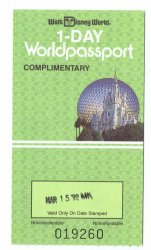 1992 Walt Disney World 1 Day Worldpassport used addmission Ticket