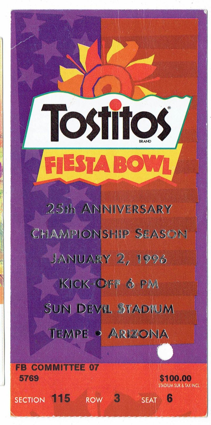 1996 Fiesta Bowl Game Ticket Stub Florida Nebraska