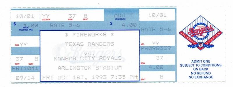 Image 0 of Final Weekend at Arlington Stadium Full Unused Ticket Oct 1st 1993