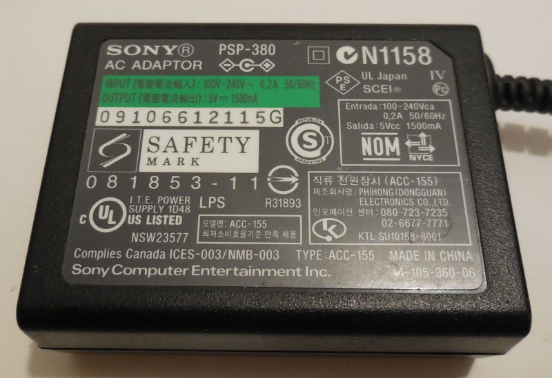 Image 2 of Genuine OEM Sony PSP-380 PlayStation PSP AC Adapter & Power Cord USB 5Vcc 1500mA