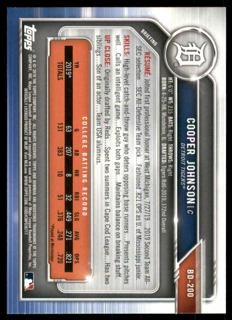 Image 1 of 2019 Bowman Draft #BD200 Cooper Johnson Card