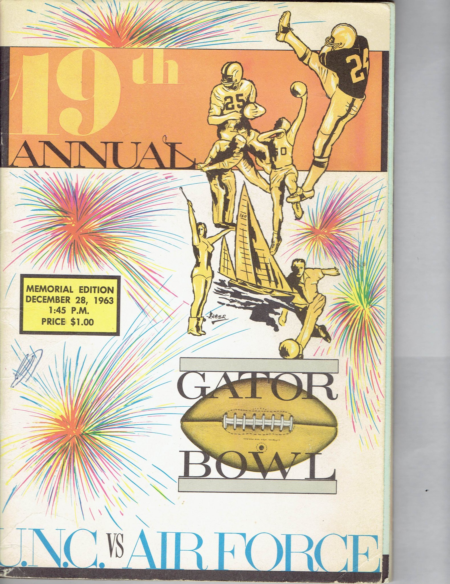 Front cover of the 1963 Gator Bowl program for UNC vs Air Force on December 28, 1963 showing sports figures and multi-colored fireworks