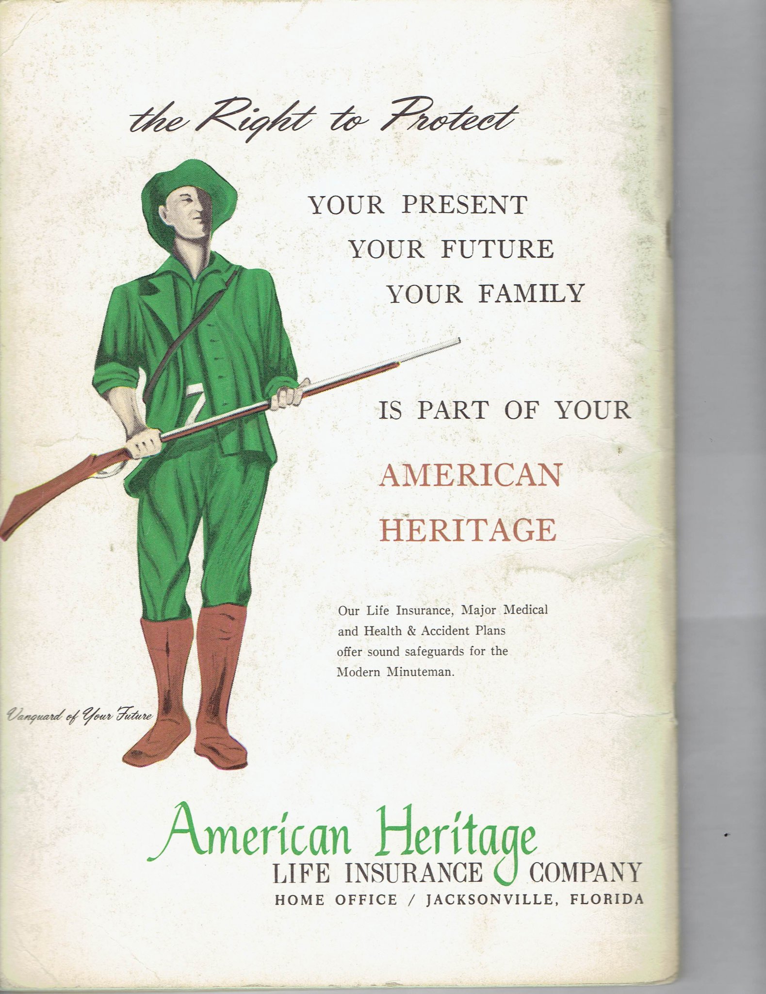 Back cover of the 1963 Gator Bowl program featuring a full-page vintage American Heritage Life Insurance advertisement with a minuteman illustration
