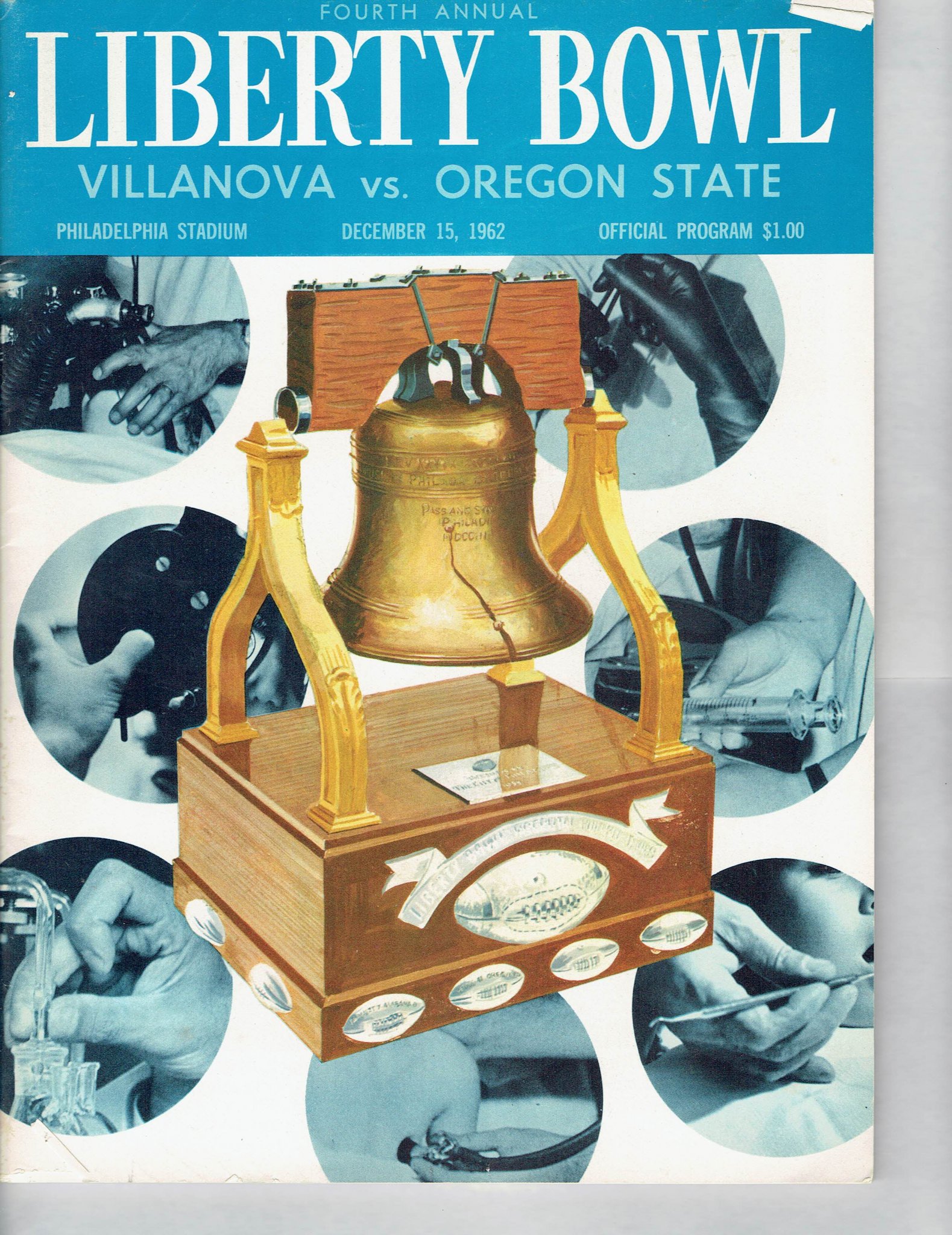Front cover of the 1962 Liberty Bowl program for Villanova vs Oregon State on December 15, 1962 at Philadelphia Stadium showing the Liberty Bell trophy