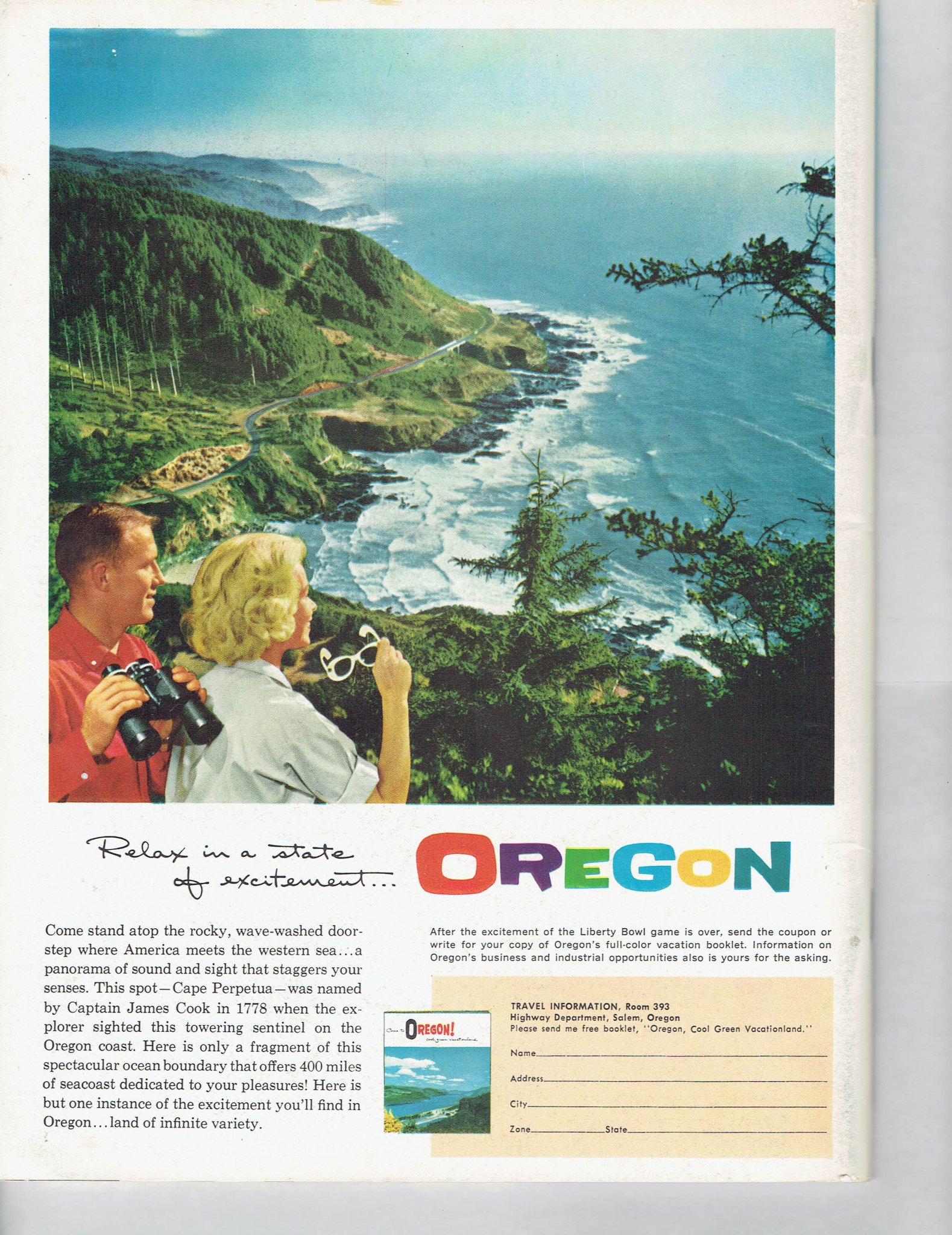 Back cover of the 1962 Liberty Bowl program featuring a full-color travel advertisement for Oregon showing the coastline at Cape Perpetua