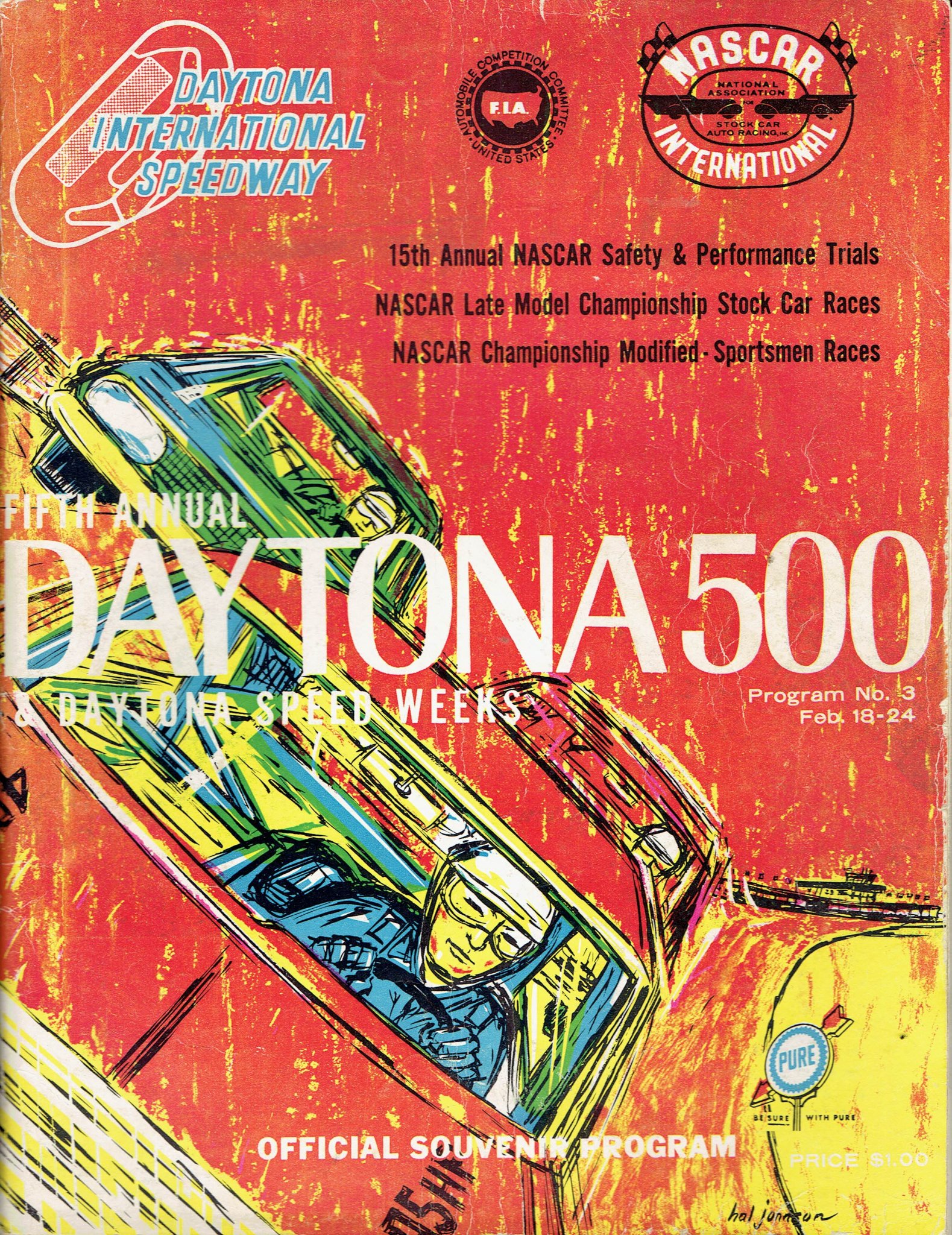 Front cover of the 1963 Daytona 500 NASCAR program with abstract art of race cars on a red background by Hal Jonsson