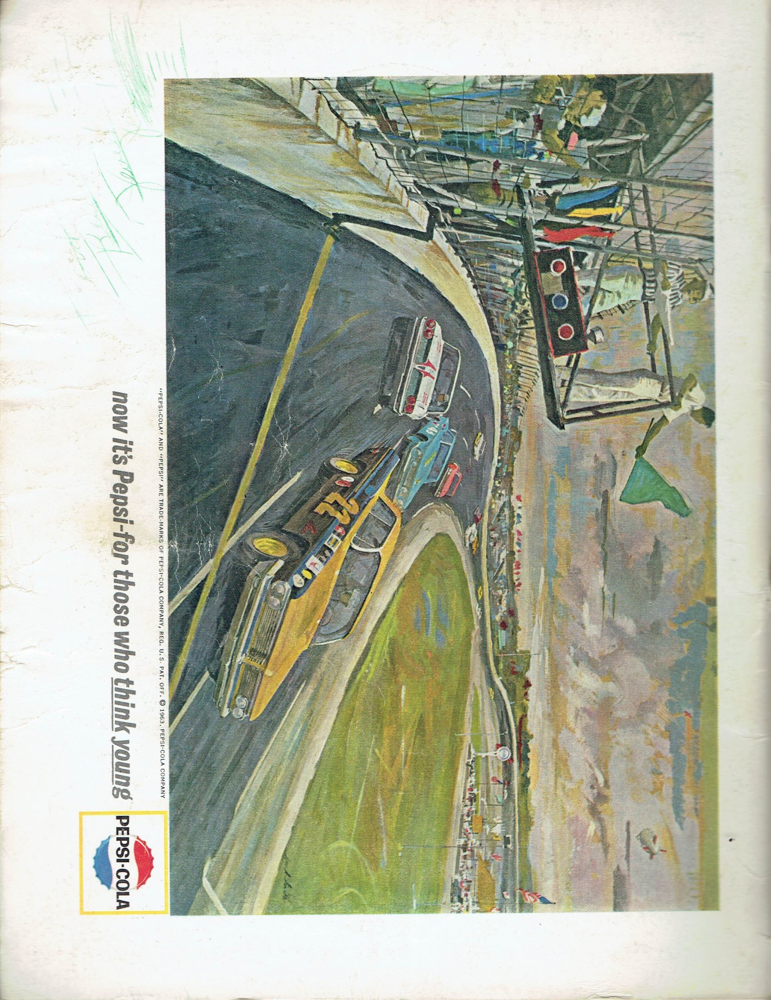 Back cover of the 1963 Daytona 500 NASCAR program showing a vintage full-page color Pepsi-Cola racetrack advertisement