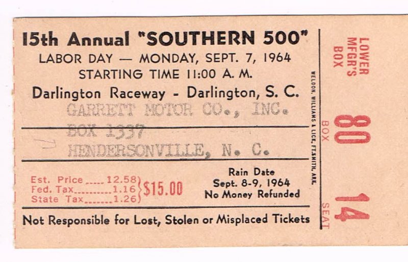 Image 0 of 1964 Southern 500 ticket Stub Buck Baker Winner Rare VHTF