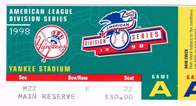 Image 0 of 1998 ALDS Division Series Game 1 Season Ticket stub Rangers @ Yankees