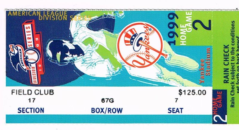 Image 0 of 1999 ALDS Division Series Game 2 Season Ticket stub Rangers @ Yankees