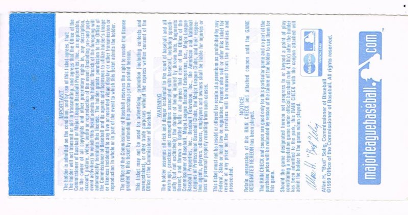 Image 1 of 1999 ALDS Division Series Game 2 Season Ticket stub Rangers @ Yankees