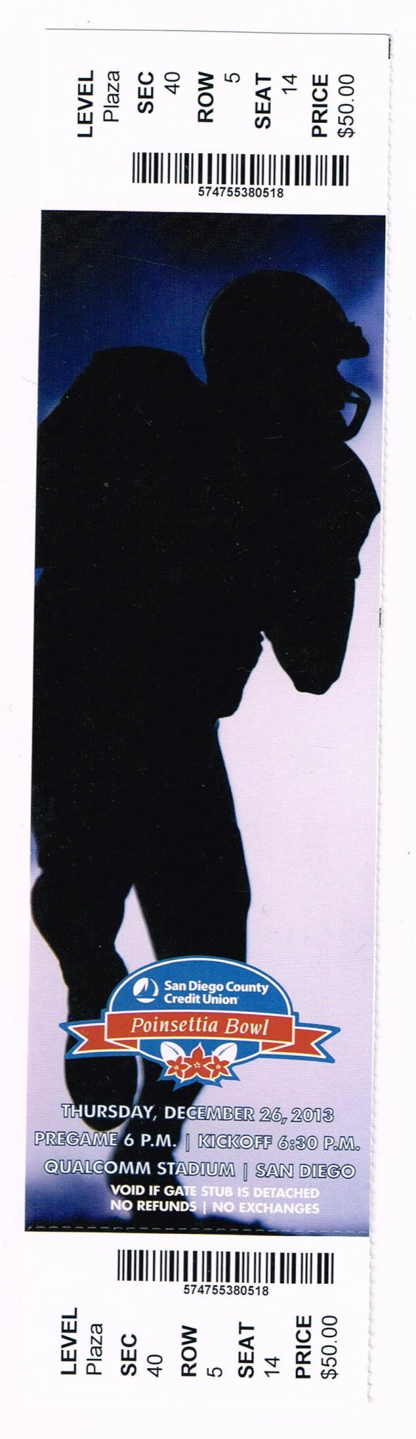 Image 0 of 2013 Poinsettia Bowl Game Full unused Ticket Utah State Aggies NIU Huskies